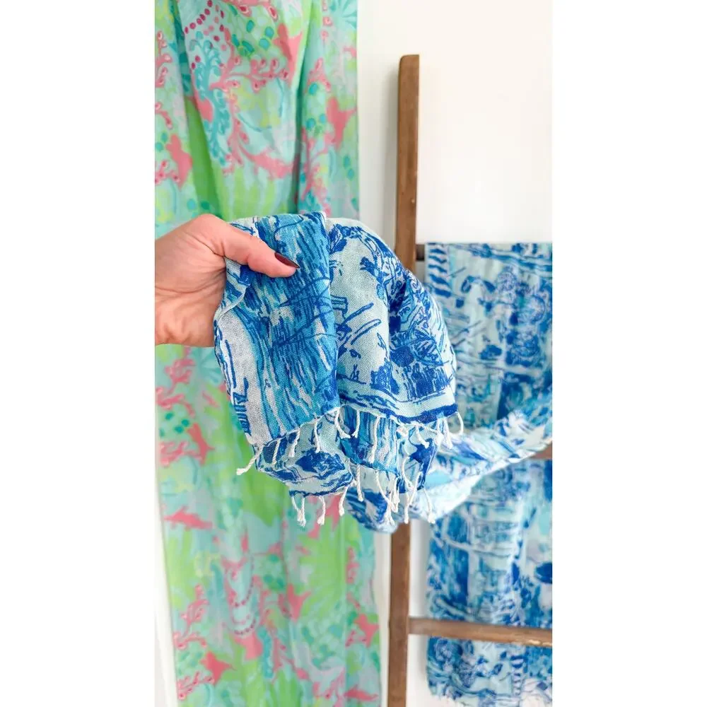 Lilly Pulitzer Silk & Cashmere Blue White Fresh Catch Print Scarf